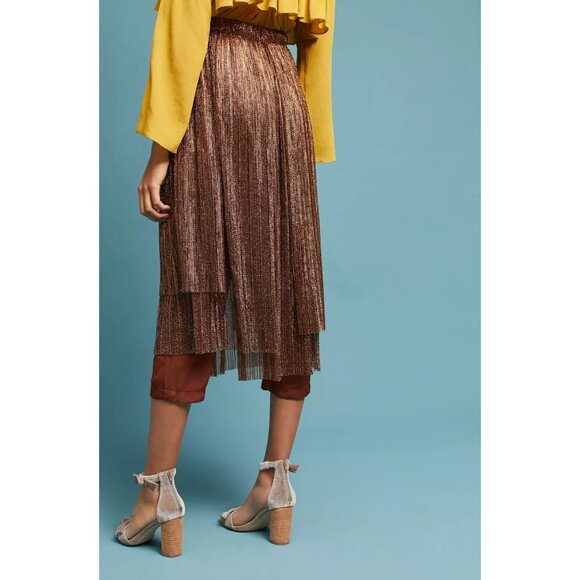 Anthropologie Maeve Metallic Skirted Pants Silk Legging Mesh Skirt Copper 2 - Picture 4 of 14